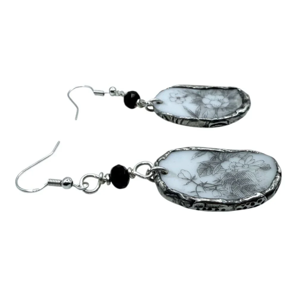 Florentine Sango Broken China Earrings - Vintage Floral Sterling Silver Dangles - Picture 11 of 14